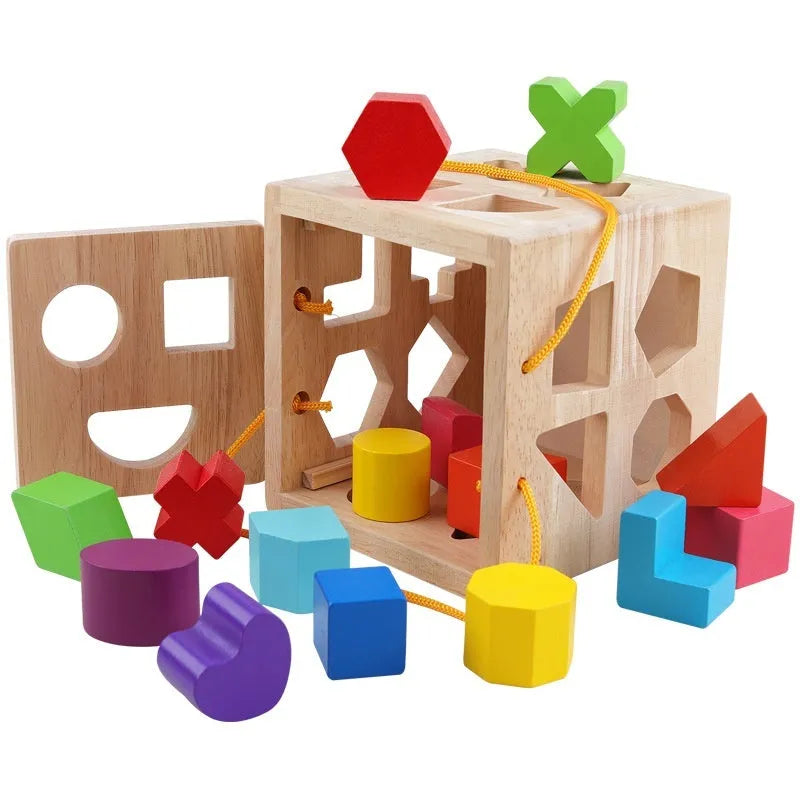 Wooden geometric shape matching baby building blocks with multiple hole intelligence boxes for infants 0-3 years
