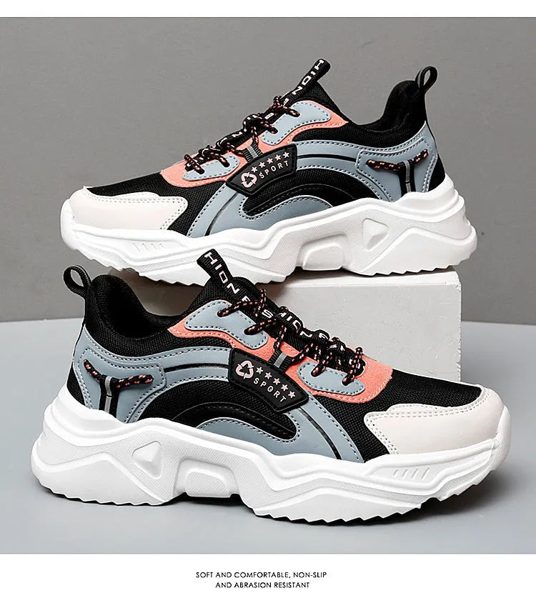 Women's white mesh sports shoes with buckle closure and round toe