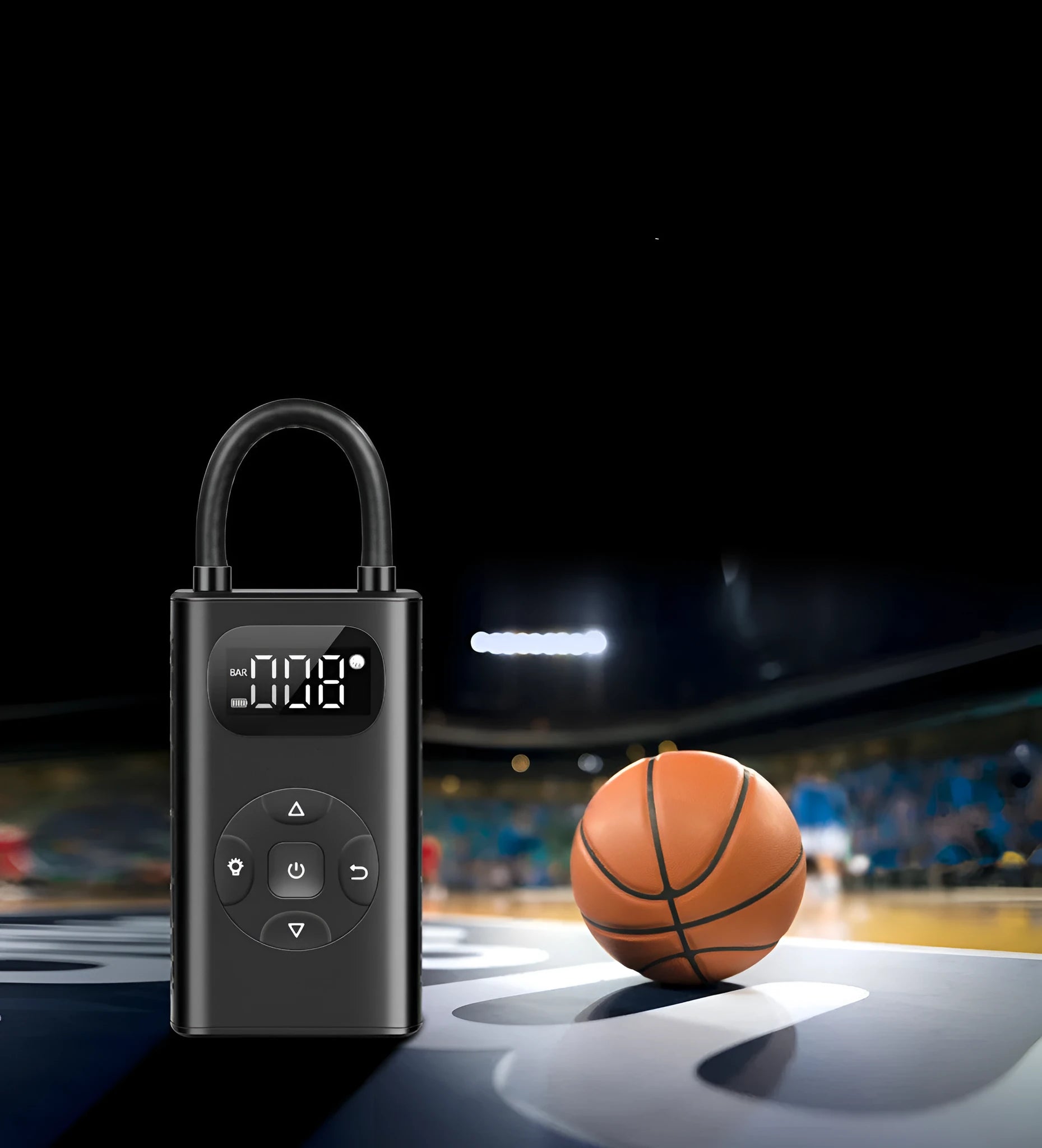 Black M09X portable power bank tyre inflator with 16cm tube next to car and motorcycle tyres
