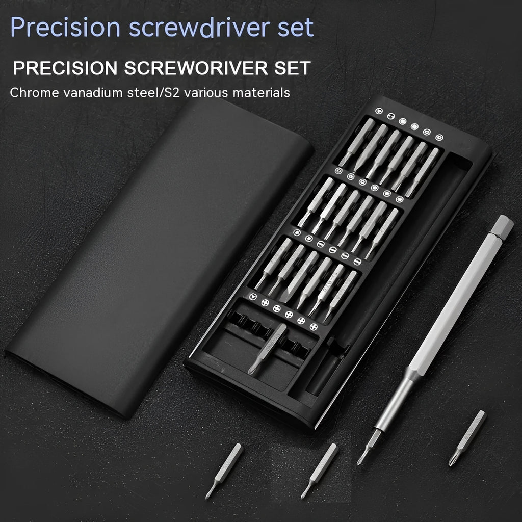 24-in-1 magnetic precision screwdriver set with chrome vanadium steel bars and multiple bit types.