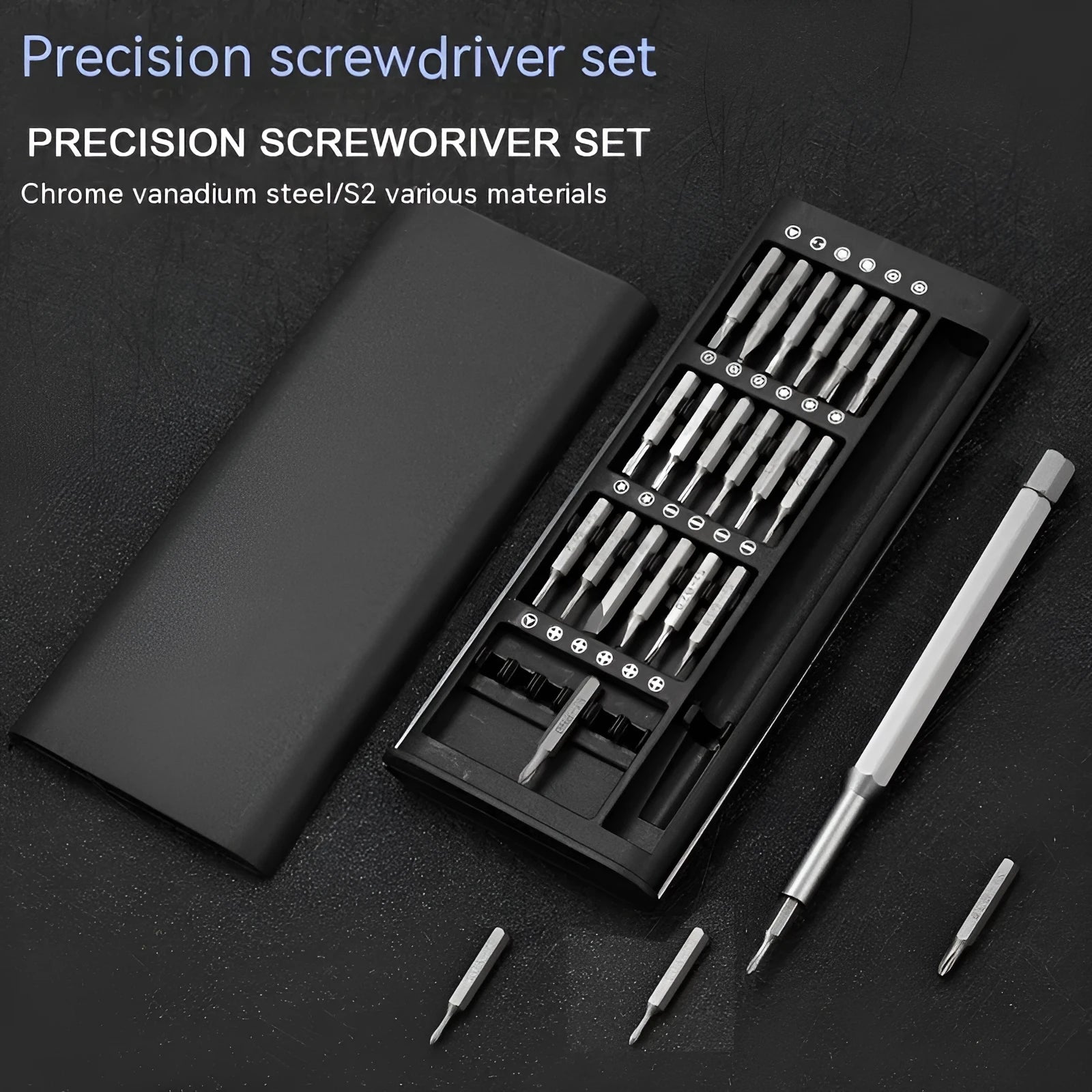 24-in-1 magnetic precision screwdriver set with chrome vanadium steel bars and multiple bit types.