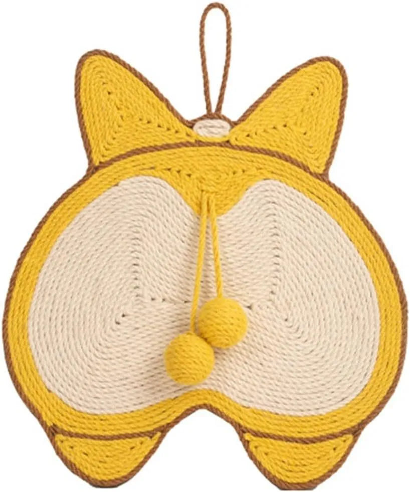 Yellow Corgi butt-design sisal cat scratching pad with anti-slip base and adhesive hooks.