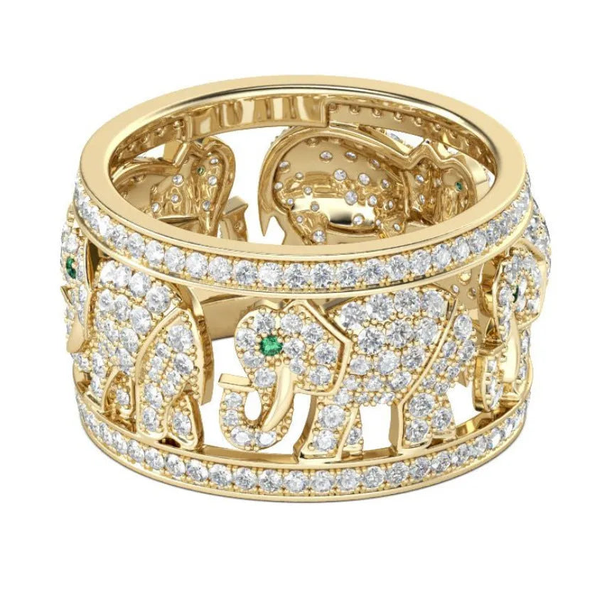 Close-up of a women's alloy elephant ring with full diamond design on the elephant motif.