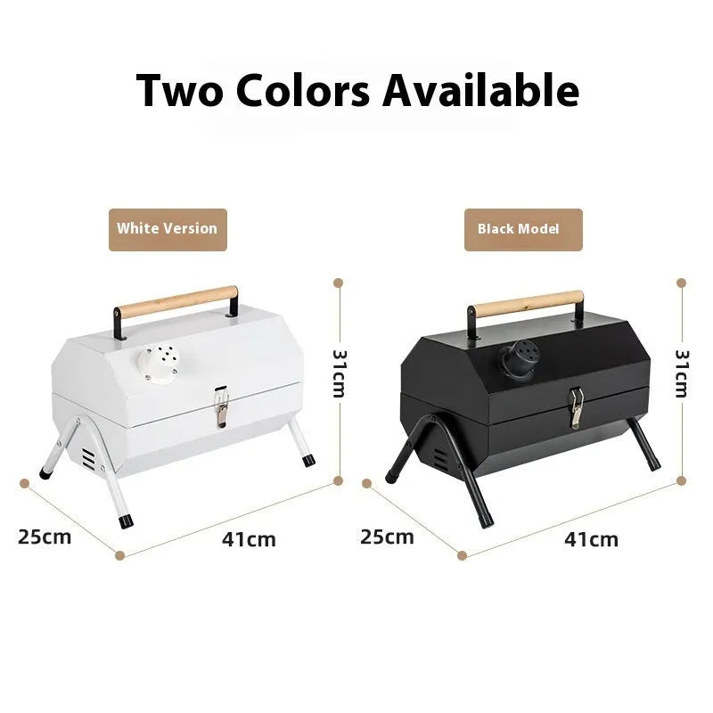 White round portable grill with foldable design for frying and baking functions