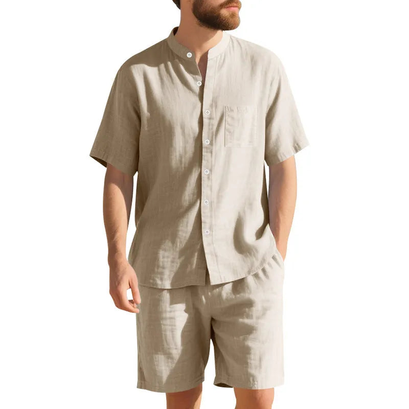Men's linen blend summer suit with Henry collar, short sleeves and matching shorts in army green