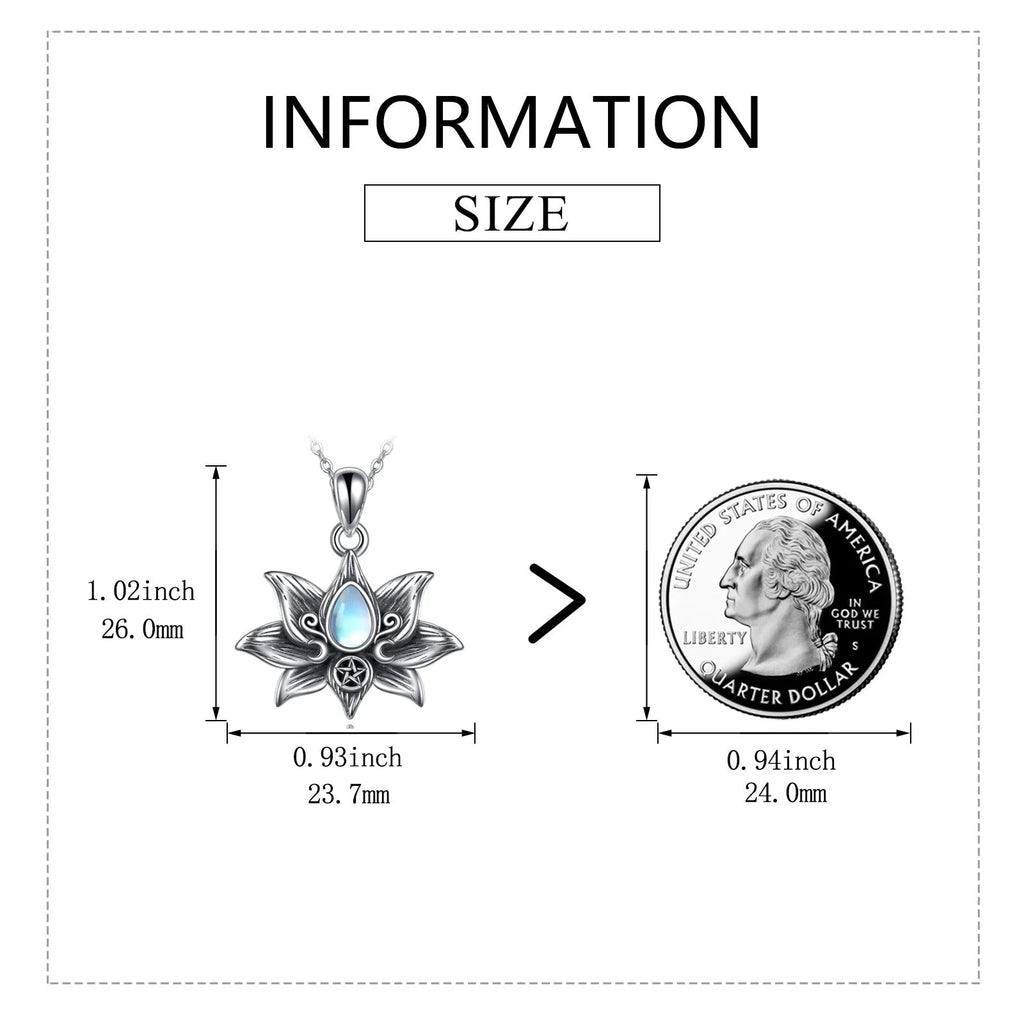 Sterling silver moonstone lotus flower pendant necklace, retro silver finish, teardrop moonstone, calendered O-chain