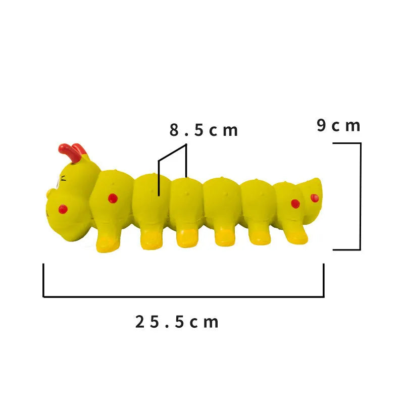 Yellow rubber caterpillar-shaped dog toy with squeaker for small to medium dogs.