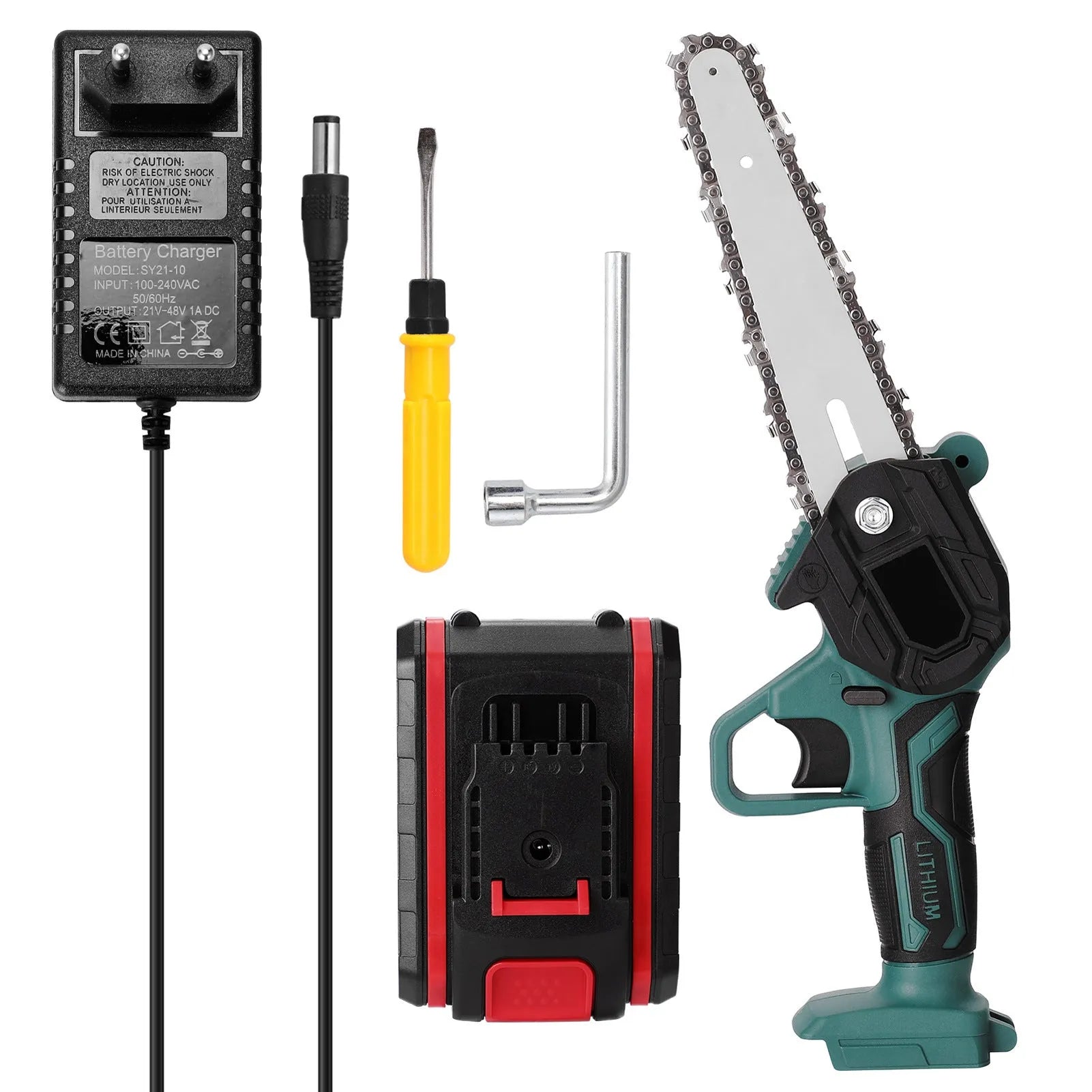Black mini electric chainsaw held in one hand, showing 4-inch guide bar and compact body.