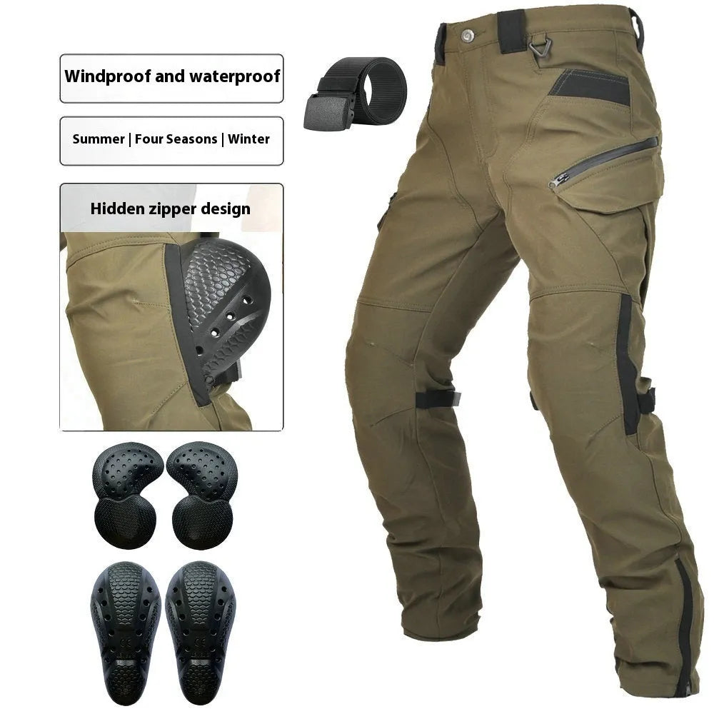 Men's waterproof motorcycle cycling trousers in black or green with belt and protective gear