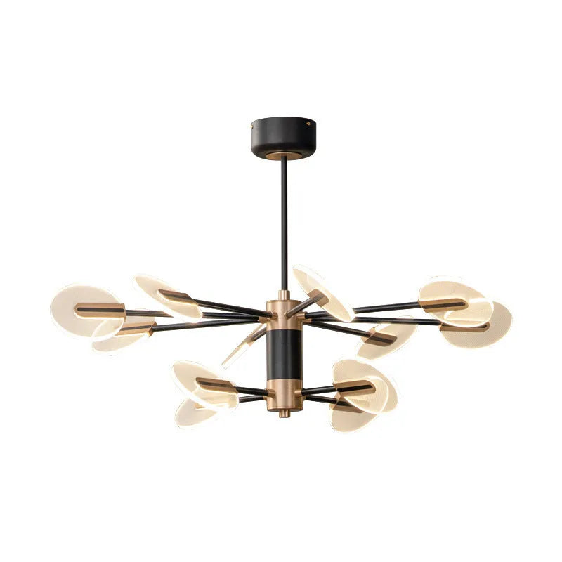 White iron frame LED chandelier with multiple acrylic shades hanging from ceiling