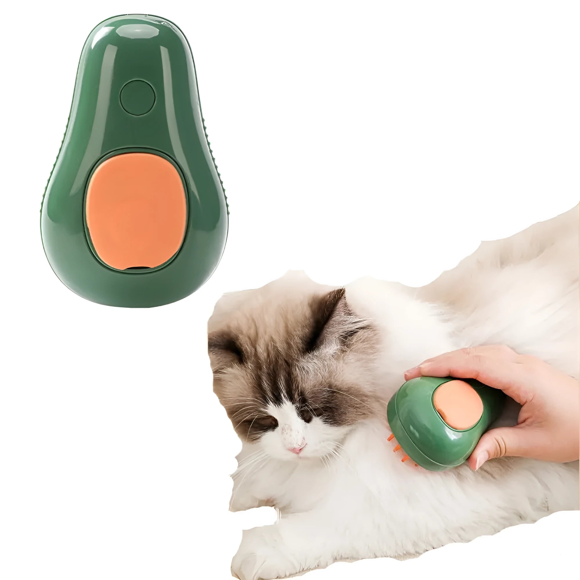 Green and white cat steam brush with water spray function and soft silicone teeth for pet grooming