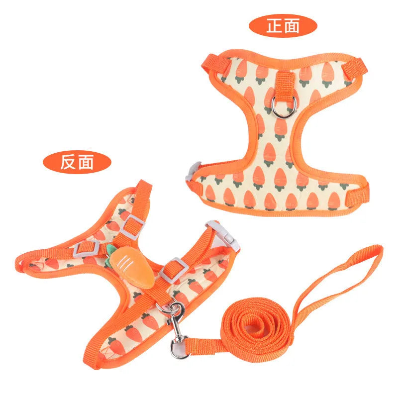 Reflective chest strap vest-style small dog walking lead in carrot colour with adjustable hand-holding rope