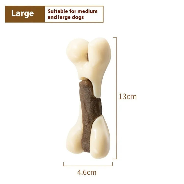 Cowhide and nylon dog bone grinding rod chewing toy in foodie bone design