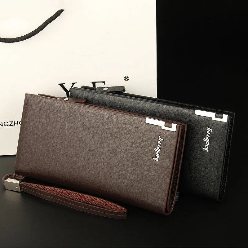 Men's black PU leather wallet with a long silver zip closure, shown open.