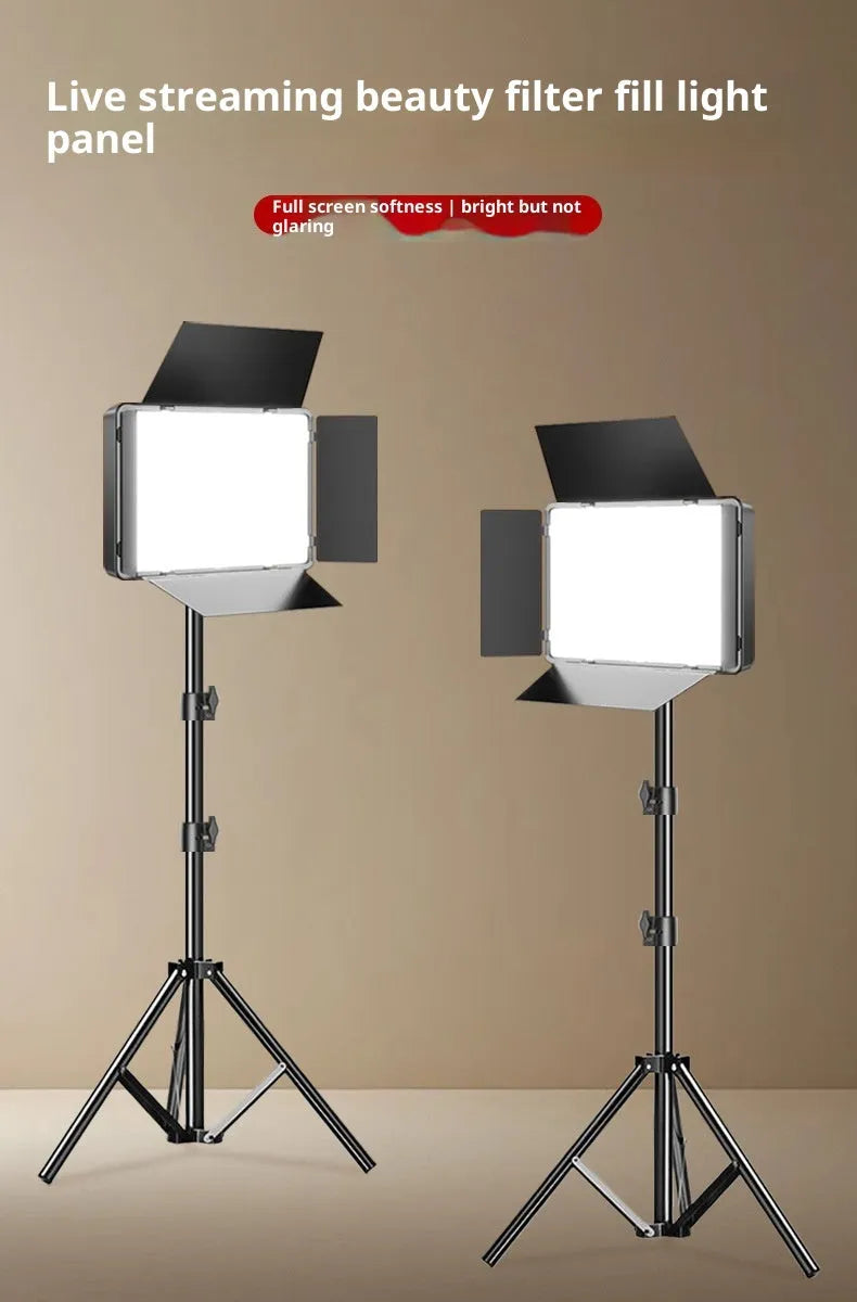 17-inch square LED fill light panel with four-leaf baffle and 2.1m bracket on a studio floor