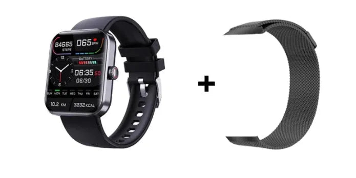 F57L sports watch with heart rate and blood pressure display on IPS touch screen, black silicone strap
