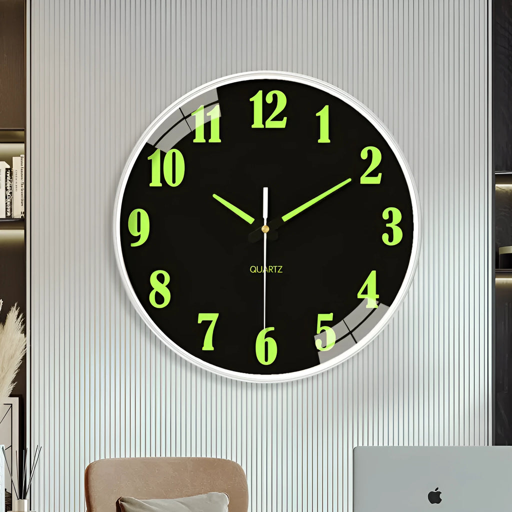 Modern 8 inch luminous wall clock with plastic shell, shown in available colours.