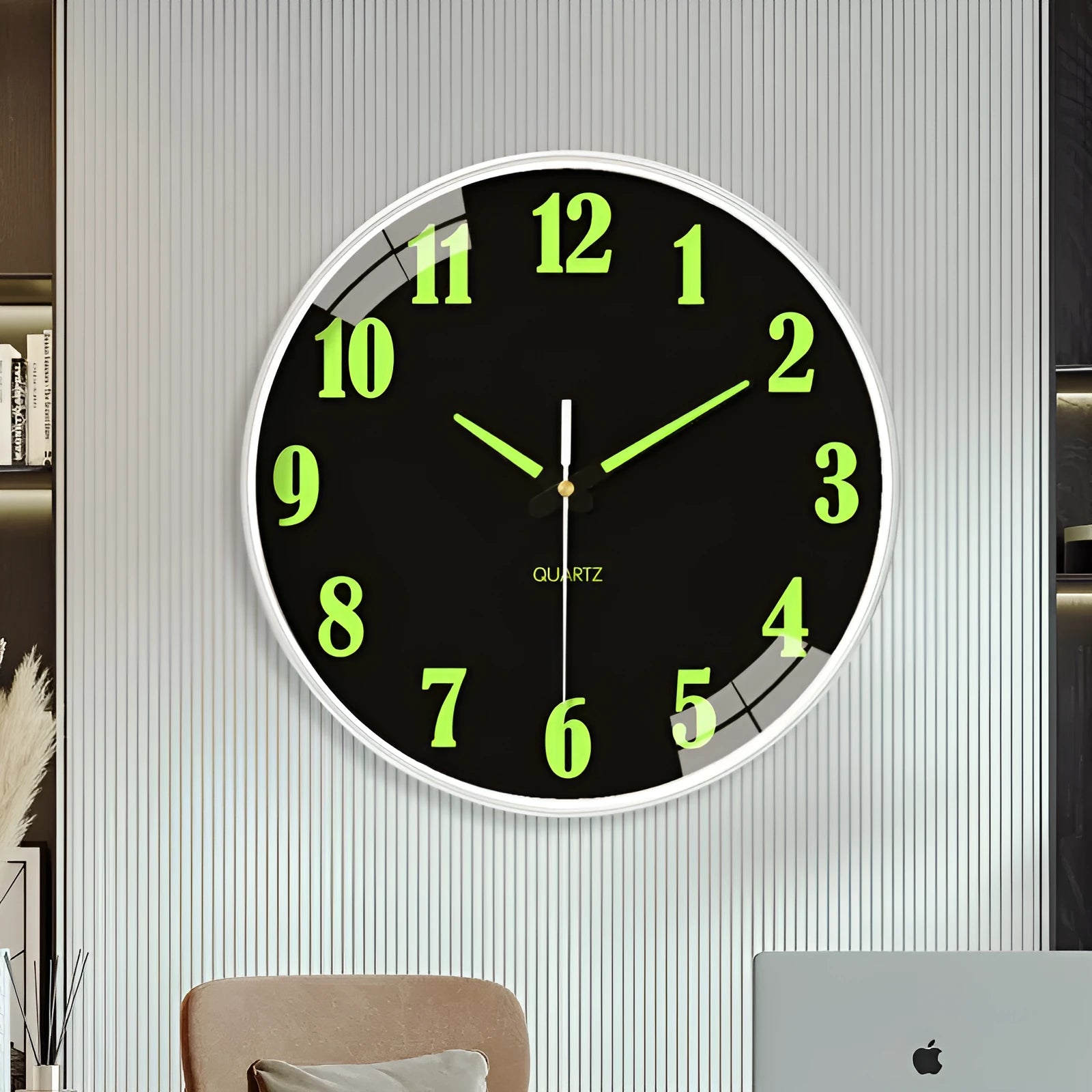 Modern 8 inch luminous wall clock with plastic shell, shown in available colours.