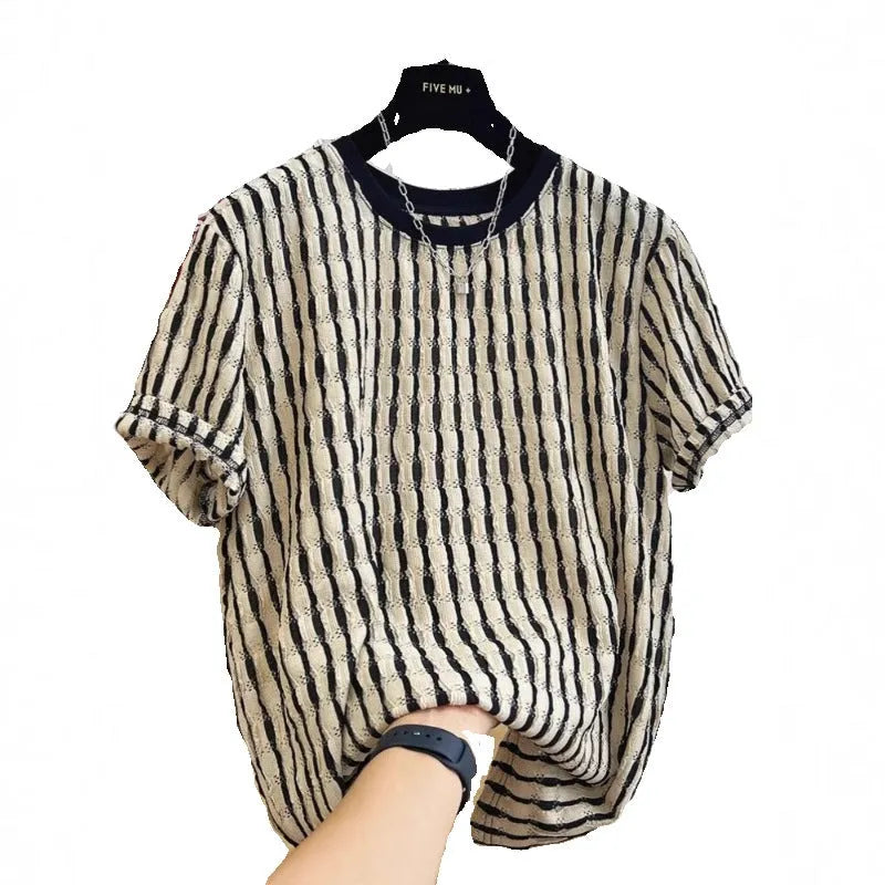 Black striped men's casual loose fit pullover shirt with short sleeves