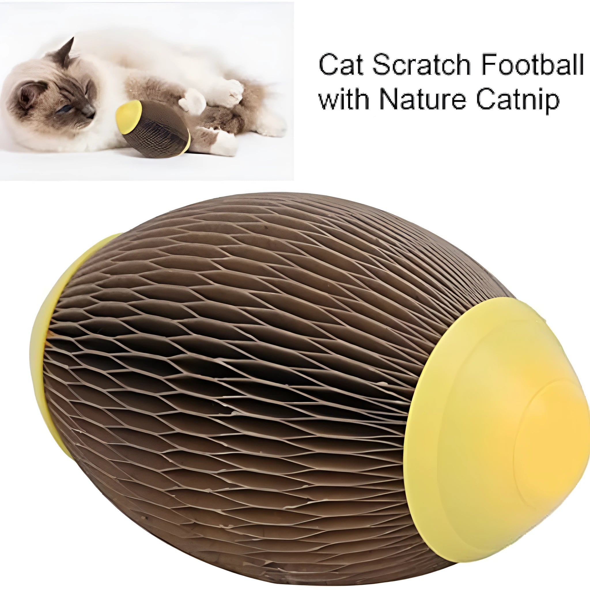 Ellipse-shaped corrugated paper catnip ball toy for scratching and chasing.