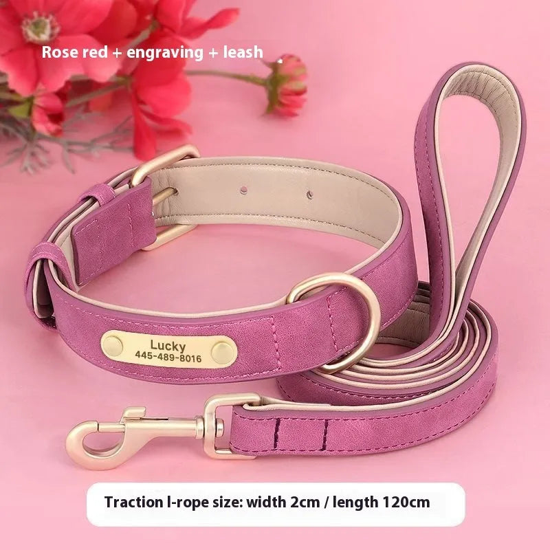Rose red double-layer leather dog collar with mohair lining and matching leash laid flat.