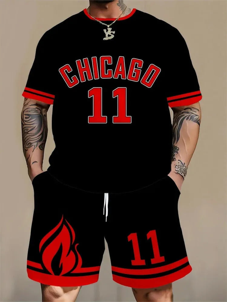 Men's 3D printed letter pattern sportswear two-piece set with short sleeves and shorts