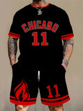 Men's 3D printed letter pattern sportswear two-piece set with short sleeves and shorts