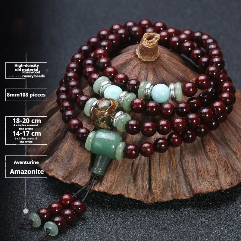 Men's traditional rosewood bracelet with 108 beads, showing lapis lazuli and turquoise accent styles.