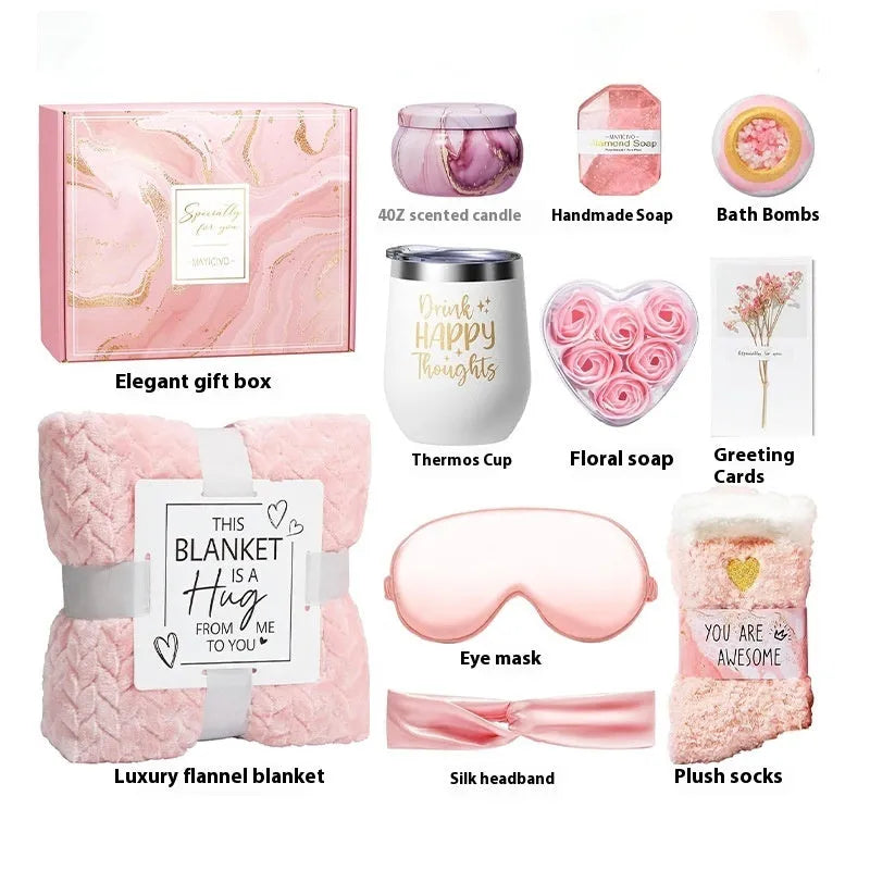 Aromatherapy bath gift set in modern plastic box with candles, soap, and bath products