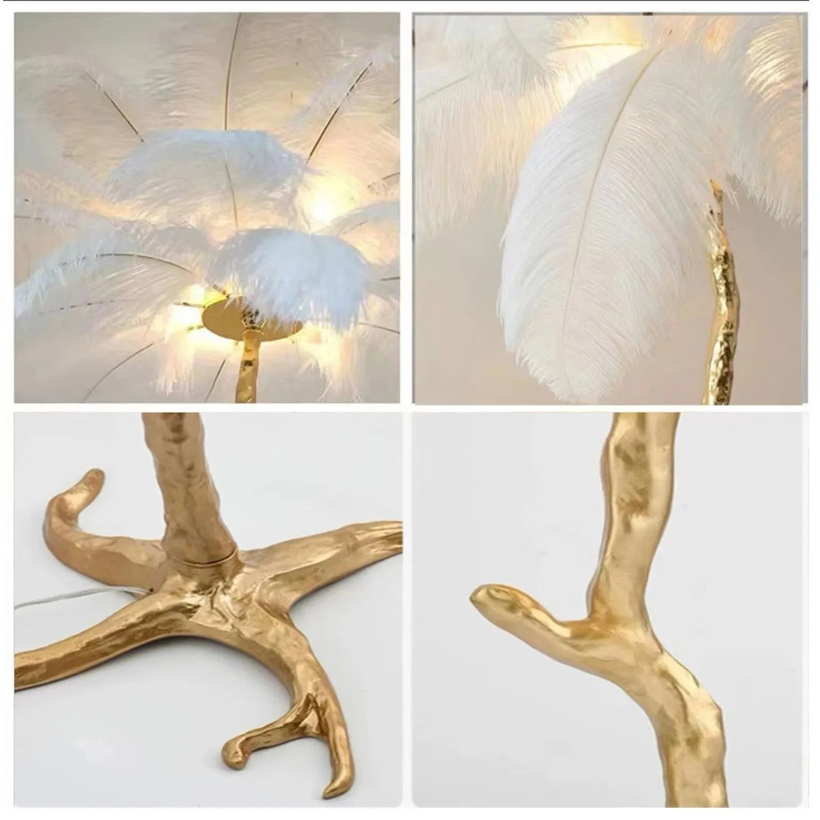 Tall decorative floor lamp with many white resin feathers, standing in a living room corner.