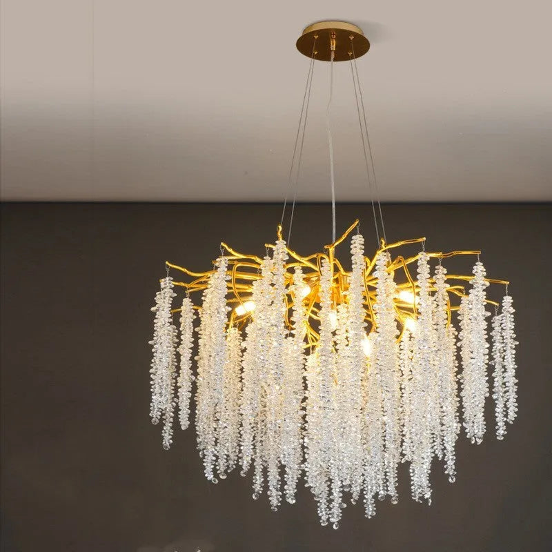 Modern crystal LED chandelier with adjustable height in a light luxury style.