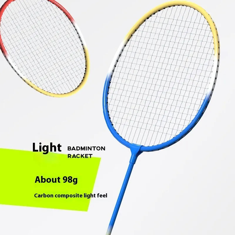 Blue and red ultra-light alloy split badminton rackets shown as a full pair.
