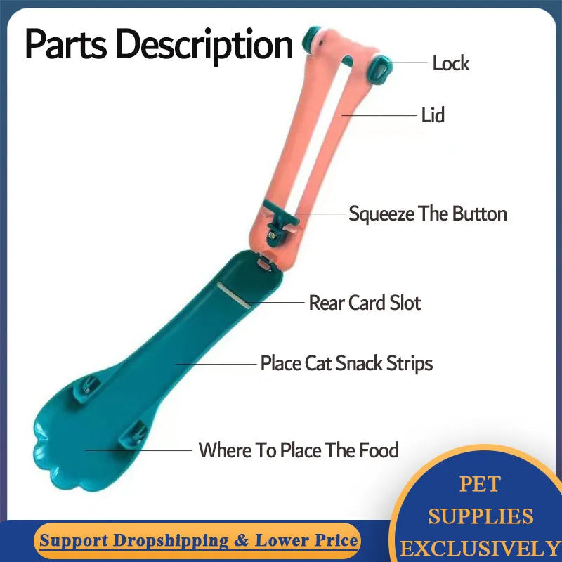 Green and pink pet food squeezer feeder with attached spoon for dispensing liquid and dry food