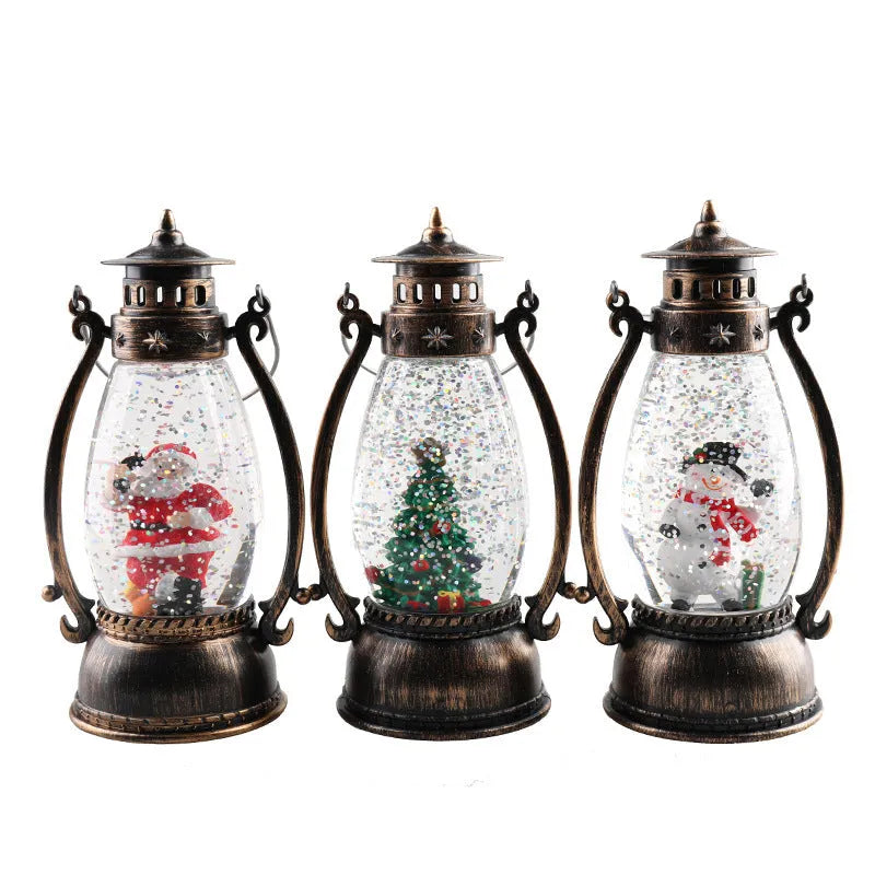 Crystal ball oil lamp Christmas ornament with LED light, snowman or elderly figure theme.