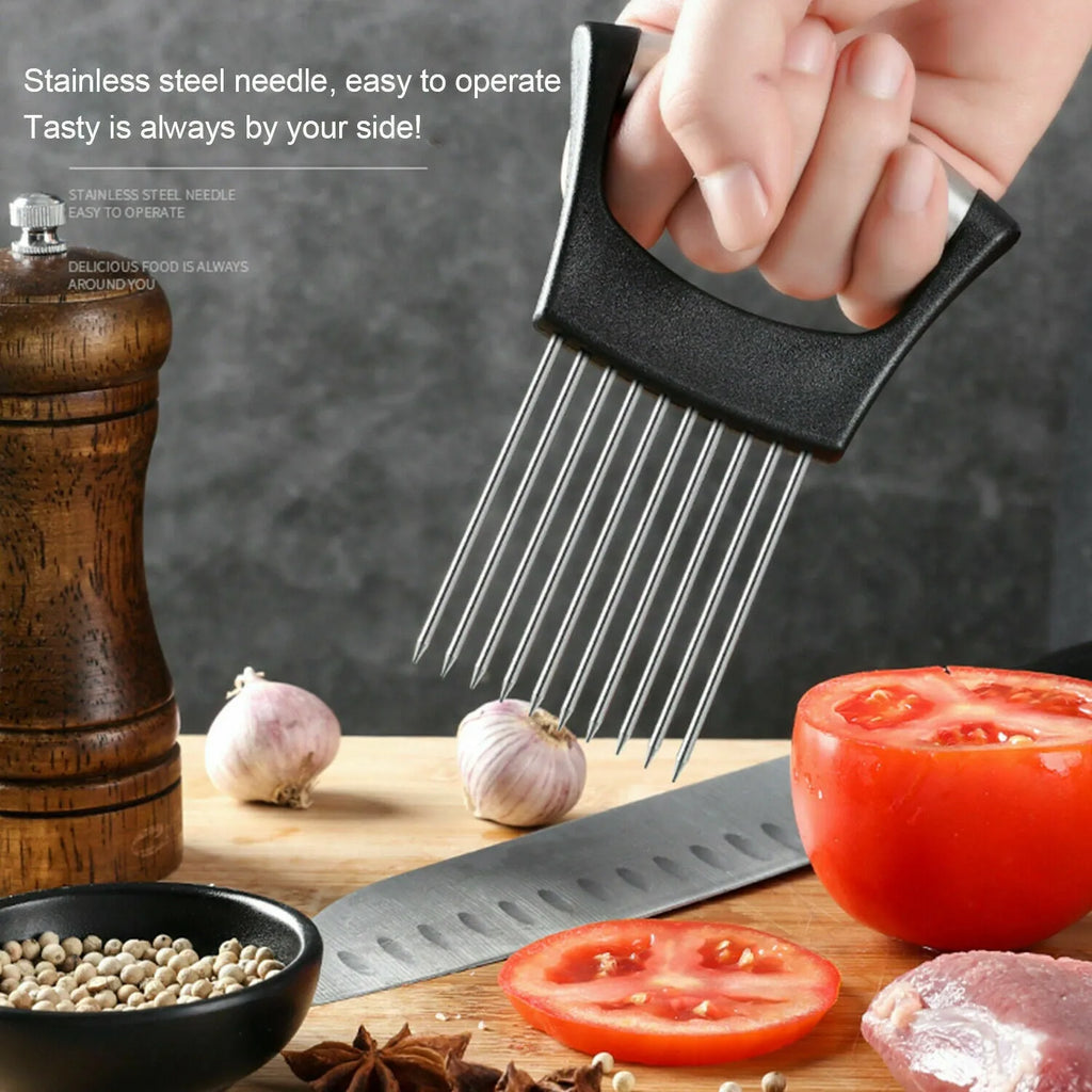 Stainless steel onion holder slicer with ABS handle measuring 14cm by 9.5cm