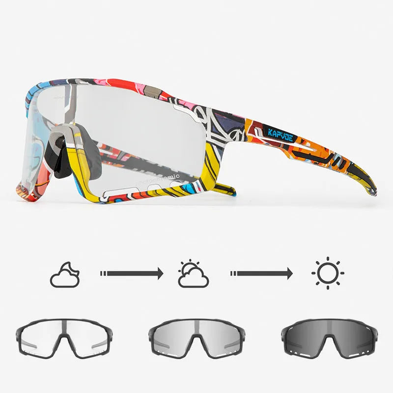 Photochromic sports sunglasses with semi-rimless TR90 frame for cycling.