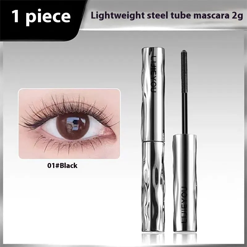 Waterproof black and brown steel tube mascara with optional eyelash curler.