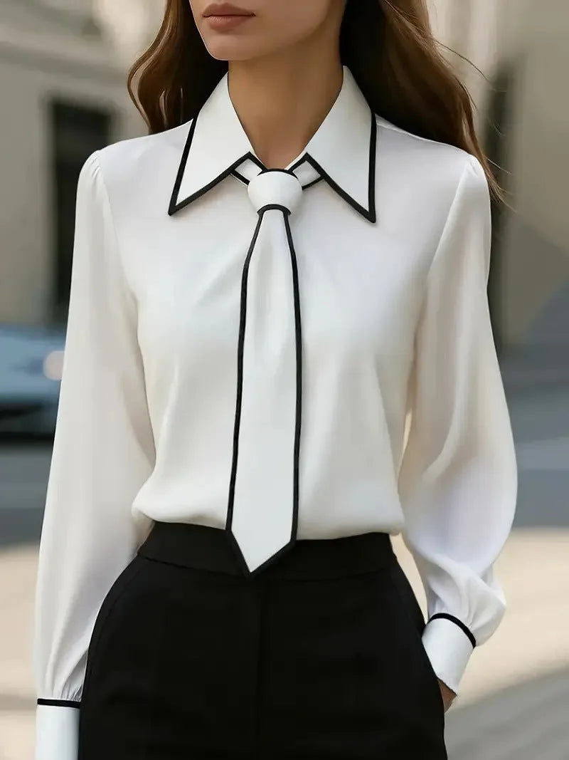 Women's solid colour satin polyester tie front long sleeve pullover shirt in khaki, front view