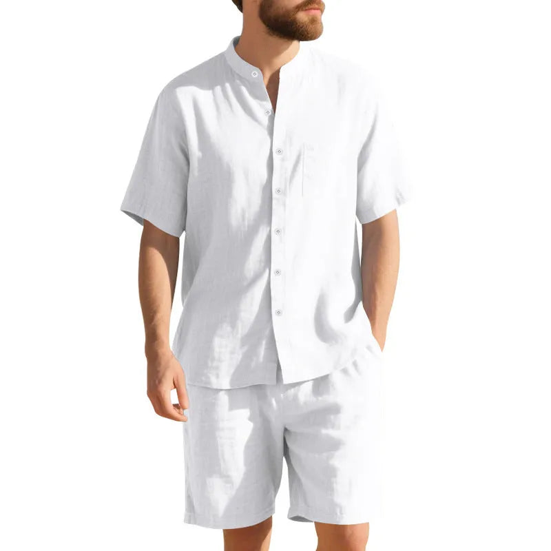 Men's linen blend summer suit with Henry collar, short sleeves and matching shorts in army green
