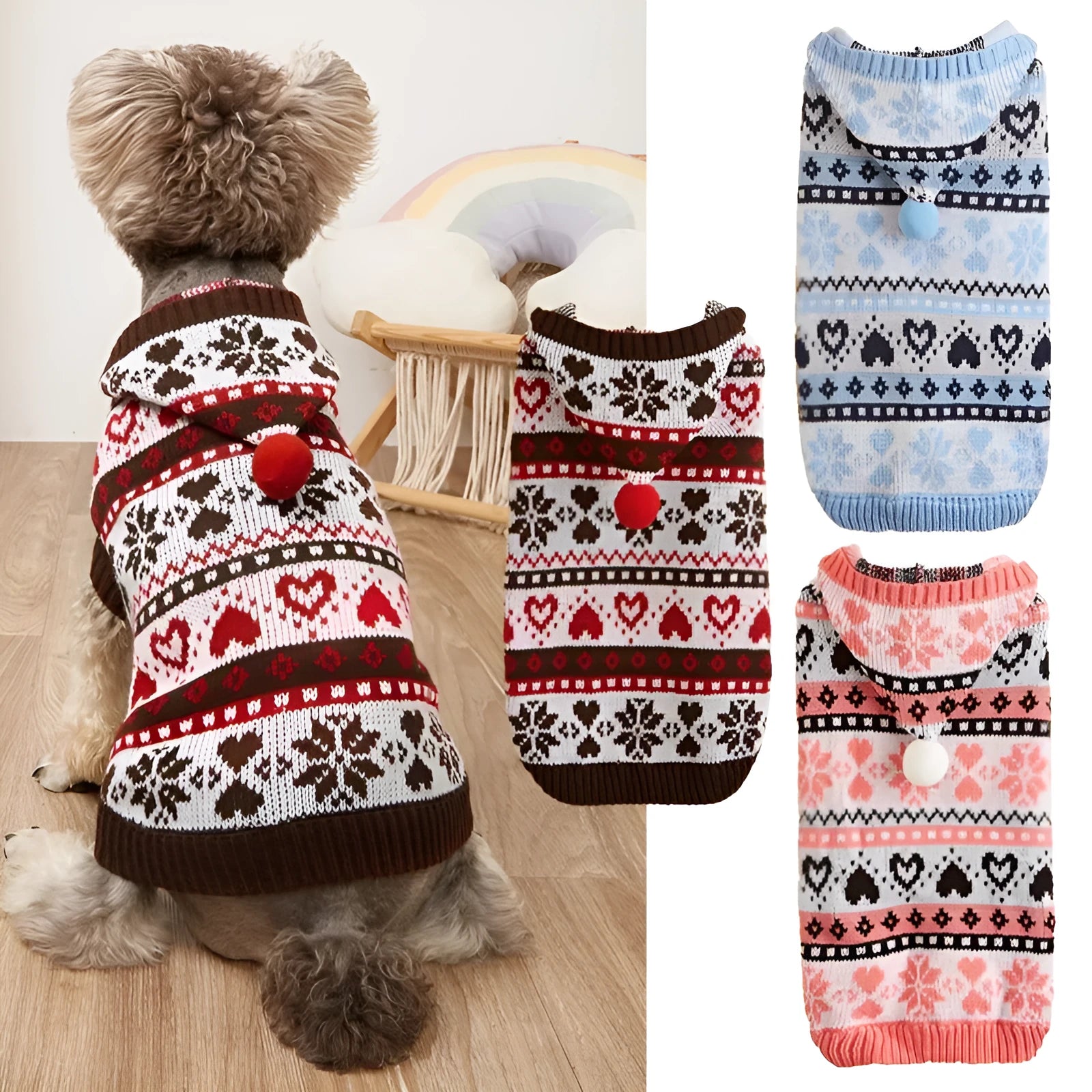 Pink striped camouflage knitted sweater on a small white Bichon Frise dog