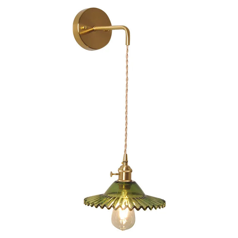 Retro brass lotus wall lamp with glass shade in multiple colour options