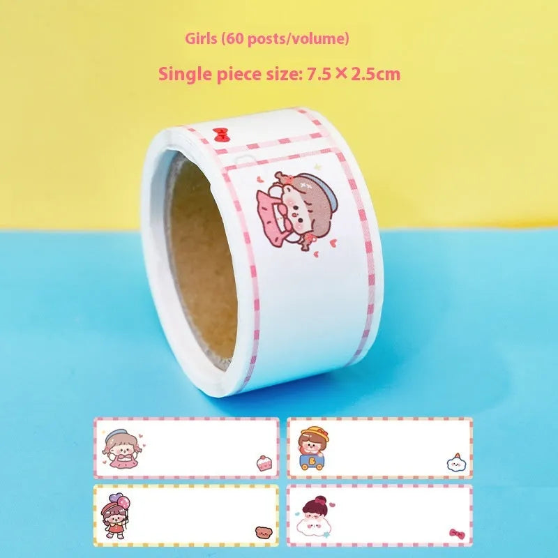 Roll of cartoon tape name stickers with dinosaur, astronaut, rabbit, or girl designs - 60 adhesive labels per roll