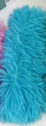 Blue, green, pink, and white plush cat toy pillow measuring 27cm by 10cm.