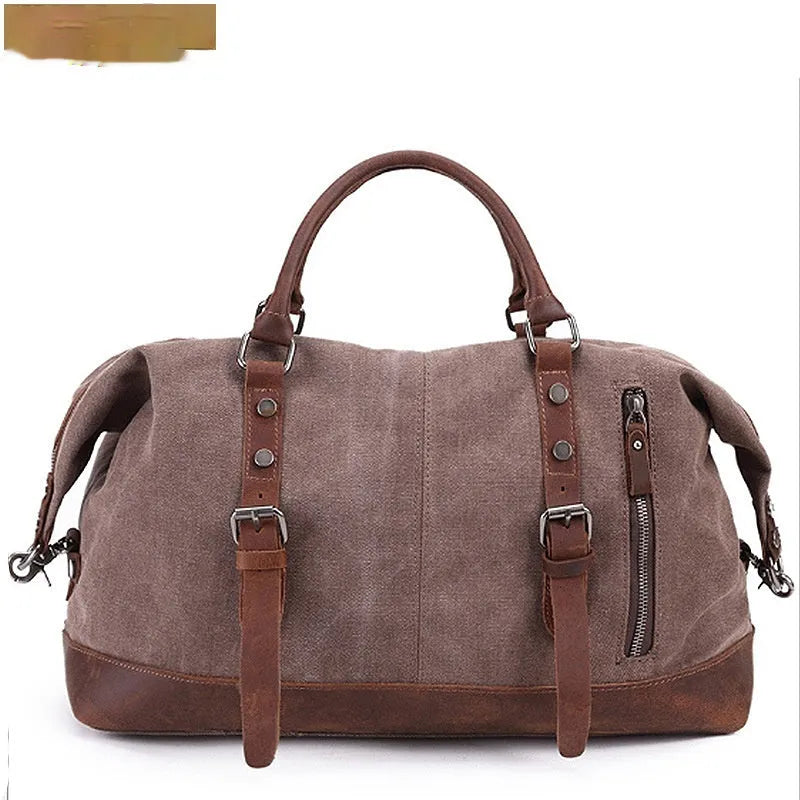 Canvas travel messenger shoulder bag with Crazy Horse leather trim, large capacity 36-55L, retro style, khaki colour