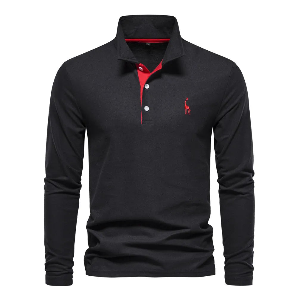 Men's casual polo long sleeve top with deer embroidery, cotton blend, available in multiple colours