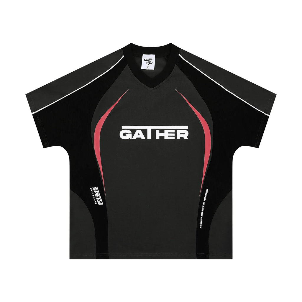 Men's loose fit black t-shirt with tonal letter print, short sleeves, pullover style.