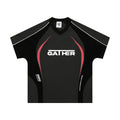Men's loose fit black t-shirt with tonal letter print, short sleeves, pullover style.
