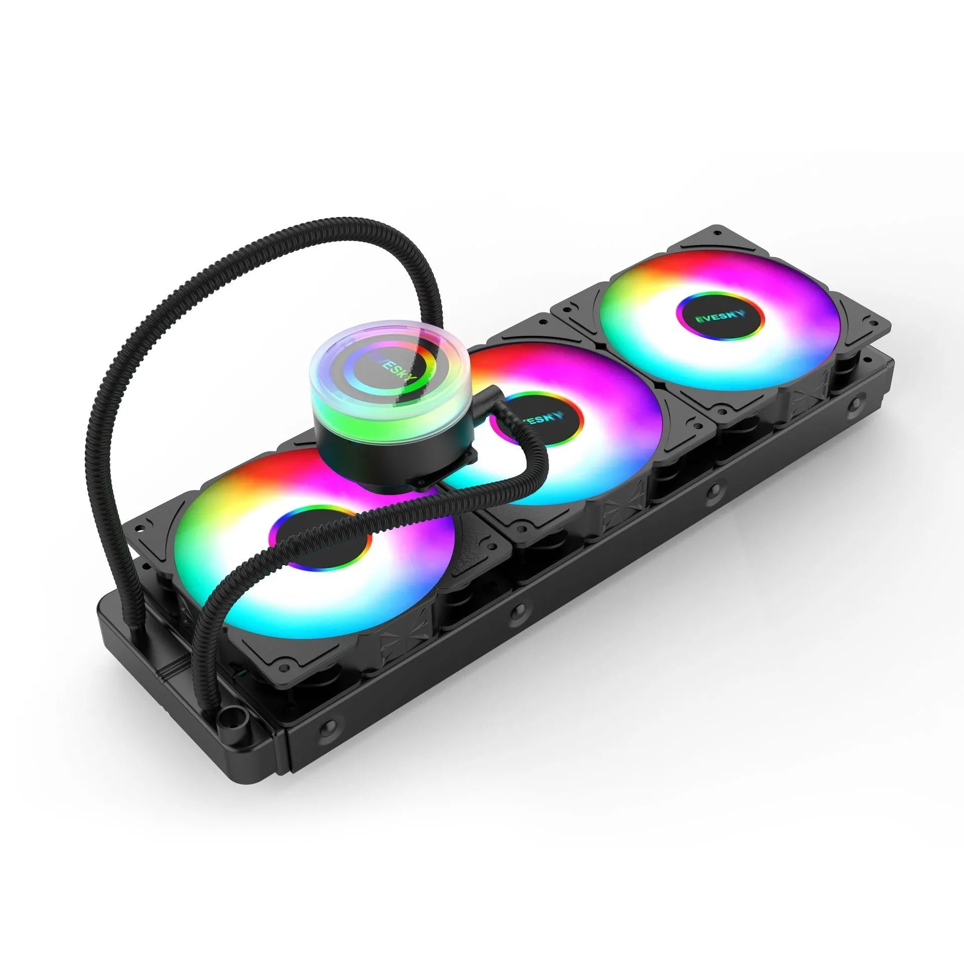 Aluminium CPU radiator with RGB fan options in 120mm, 240mm, and 360mm sizes