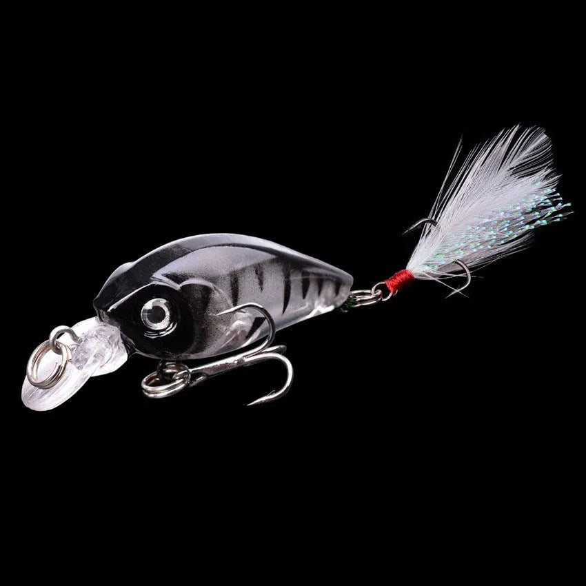 Lure Rock Little Fat Man 4.5cm feather fishing lure with 3D eyes and reinforced hook, five colour options on white background