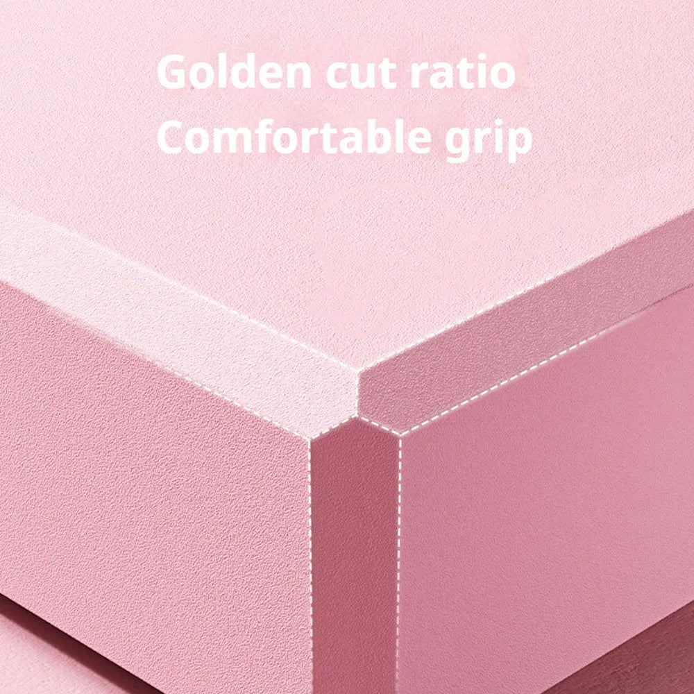 Rectangular EVA foam yoga blocks in blue pink purple rose colours showing dimensions and grip ridges
